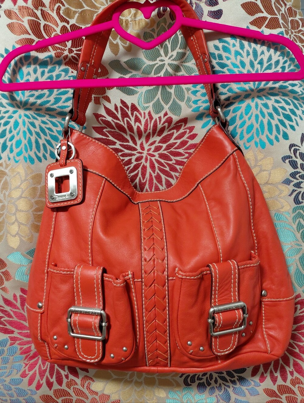 Tignanello Leather Coral Shoulder Bag W/Silver Hardware